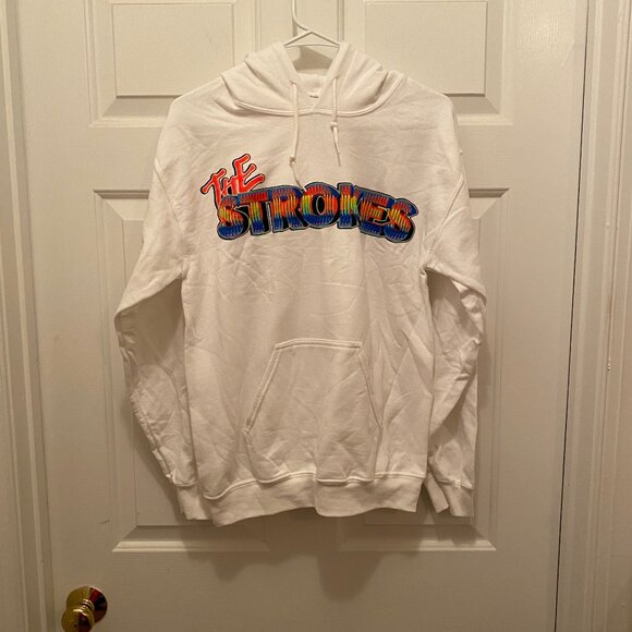 New The Strokes Women's Concert Music Tour White Pink Blue Hoodie Small - Picture 1 of 2